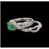 Image 3 : 14KT White Gold 1.43 ctw Emerald and Diamond Wedding Ring Set