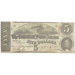 1863 $5 The Confederate States of America Note T-60 CC