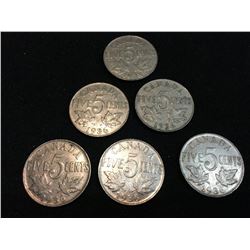 1930S CANADIAN NICKLE LOT 6 COINS