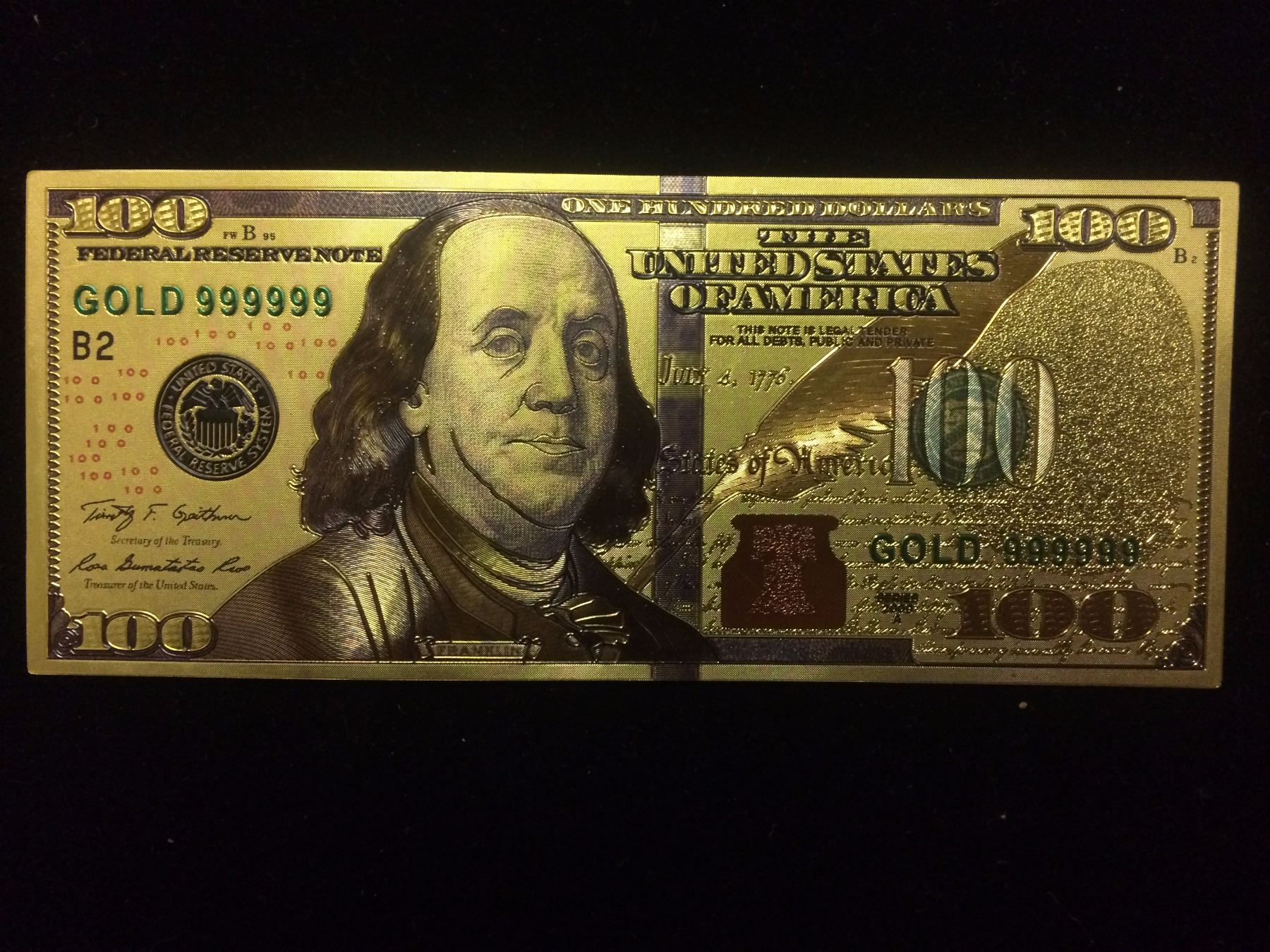 24 KARAT GOLD FOIL USA ONE HUNDRED DOLLAR BANK NOTE