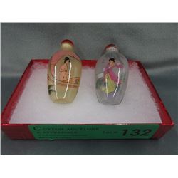 2 Hand Painted Chinese Snuff Bottles With Stoppers