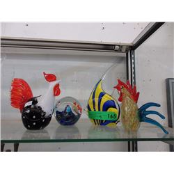 Art Glass Roosters, Fish & Paperweight