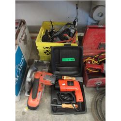Ridgid Cordless Saw, Milk Crate of Assorted Tools
