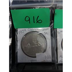 1959 Canadian Silver Canoe Dollar Coin