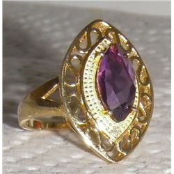 14 Kt gold plating on .925 sterling silver marquise amethyst quartz & 2 diamonds ring - bague neuve