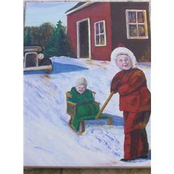 Robert A. Langdon original Winter sleigh painting - peinture originale 2 freres avec traineau