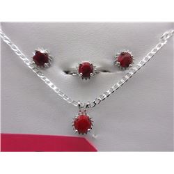 NECKLACE, EARRING & RING SET - 3.75 CTW RICH, DEEP RED RUBY'S IN STERLING SILVER SETTINGS - INCLUDES
