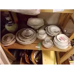 SHELF LOT ASSORTED CHINA PLATES AND MORE