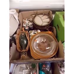 BOX ASSORTED KITCHENWARE, CROCK POT, PLATES, MATCHING CUPS ETC