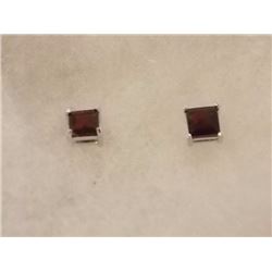 EARRINGS - PRINCESS FACETED GARNET IN STERLING SILVER STUD DESIGNED SETTING - POST & BUTTERFLY BACKS
