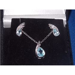NEW EARRINGS & NECKLACE SET - NEW 2.5CT PEAR FACETED BLUE TOPAZ & DIAMONDS IN STERLING SILVER SETTIN