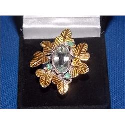 RING - 4.18TCW - ORNATE DISIGNED AMETHYST & EMERALD IN STERLING SILVER SETTING -  - INCLUDES CERTIFI