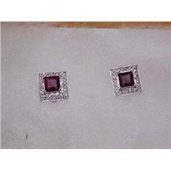 EARRINGS- NEW PRINCESS FACETED GARNET & DIAMOND IN STERLING SILVER SETTING - RETAIL ESTIMATE $350