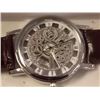 Image 2 : WATCH - NEW 2 SIDED SKELETON WATCH WITH LEATHER STRAP - WORKING - SILVER TONE