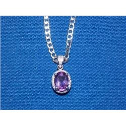 NECKLACE - 3.5CT OVAL FACETED AMETHYST & DIAMOND IN STERLING SILVER SETTING - INLCUDES CERTIFICATE $