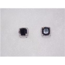 EARRINGS- NEW SQUARE CUT BLUE SAPPHIRE & DIAMONDS IN STERLING SILVER STUD DESIGN - RETAIL ESTIMATE $