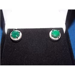 EARRINGS- NEW 2.25CT ROUND CUT RICH, DEEP GREEN EMERALD & DIAMONDS IN STERLING SILVER SETTING - INCL