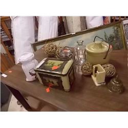 COLLECTABLE GLASSWARE, TIN MADE IN ENGLAND - BRASS BELL - GERMAN PEPPER JAR ETC - 11PC TTL