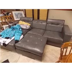 BONDED LEATHER SOFA - GREY - RECLINING HEAD RESTS WITH LARGE OTTOMAN
