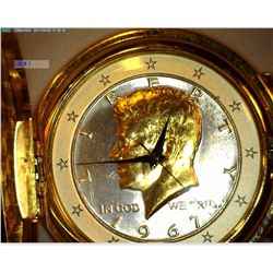 Pocket Watch with Gold colored Watch Chain. Dial is made from a silver 1967 Kennedy Half-Dollar high