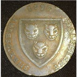 1795 "Shrewsbury Halfpenny", "Salop Woolen Manufactory", #796A. VF.