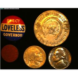 "K.P. Walter & Co…Make Your Bookie Obey Token; "Elect Loveless Governor" Pin-back; "VU" O.P.A. Token