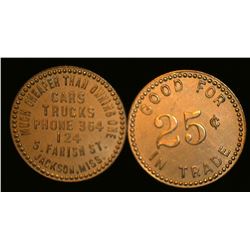 Pair of "Good For/25c/In Trade", "Much Cheaper Than Owning One/Cars/Trucks/Phone 364/124/S. Farish S