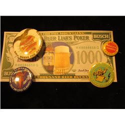 "Head For The Mountains Busch Beer Liar's Poker $1000" Note; "East End Cycle Co. Agents" Pin-back; "