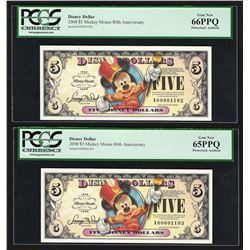 Set of (2) Consecutive 2008 $5 Mickey Mouse 80th Anniversary Notes