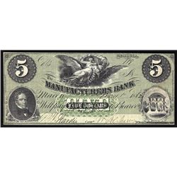 1862 $5 The Manufactures Bank Georgia Obsolete Bank Note