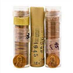 Lot of (3) 1944-D, 1945, 1945-S Brilliant Uncirculated Lincoln Wheat Penny Rolls
