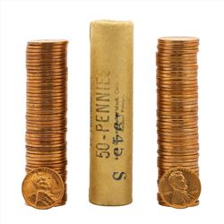 Lot of (3) 1944-D, 1945, 1945-S Brilliant Uncirculated Lincoln Wheat Penny Rolls
