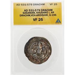 AD 531-579 Drachm Sasanian Khushro I AR Drachm Veh-Ardishir G196 Coin ANACS VF25
