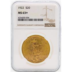 1922 $20 St. Gaudens Double Eagle Gold Coin NGC MS63+