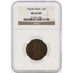 1936(B) India British King George V 1/4 Anna Copper Coin NGC MS62BN