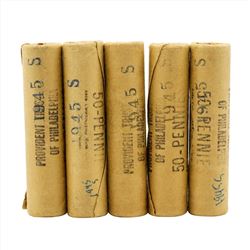 Lot of (5) 1945-S Brilliant Uncirculated Lincoln Wheat Penny Bank Wrapped Rolls