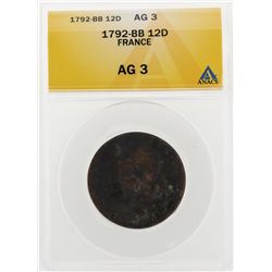 1792-BB 12D France Coin ANACS AG3
