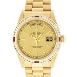 Rolex Mens President 18K Yellow Gold Ruby and 1.30ctw Diamond Day Date Wristwatc