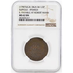 1790's Great Britain 1/2 Penny Suffolk Coin NGC MS62BN