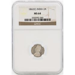 1862 India 2 Annas Silver Coin NGC MS64