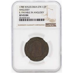 1788 Wales 1/2 Penny Anglesey Coin NGC XF45BN