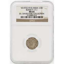 1915 India 1/2R Bundi Y-17.1 Coin NGC MS64