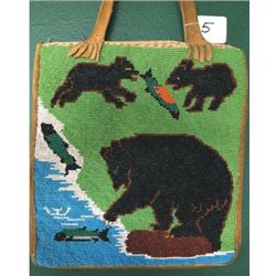 beaded pictorial bag, bear and cubs fishing