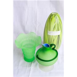 TWO GREEN ART GLASS VASES AND PITCHER