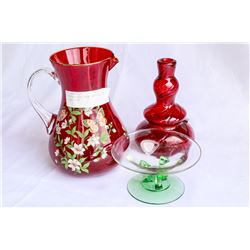 RUBY PITCHER VASE AND VASELINE GLASS DISH