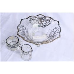 SILVER OVERLAY BOWL AND CREAM AND SUGAR SET