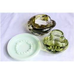 TWO GREEN ART GLASS ASHTRAYS AND MILK GLASS ASHTRAY