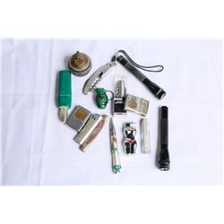 BAG OF LIGHTERS MULIT TOOLS AND FLASHLIGHTS