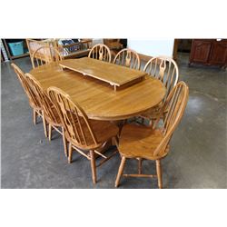 OAK DOUBLE PEDESTLE TABLE WITH SIX CHAIRS AND TWO EXTENSIONS AND TWO CAPTAINS CHAIRS