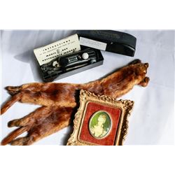 ANTIQUE CAMEO PICTURE PIECES OF FUR AND ANTIQUE BUTTON HOLER